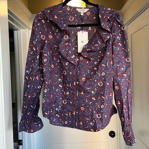 Joie Mazet Long Sleeve Cotton Top Bijou Blue Multi Size M NWT